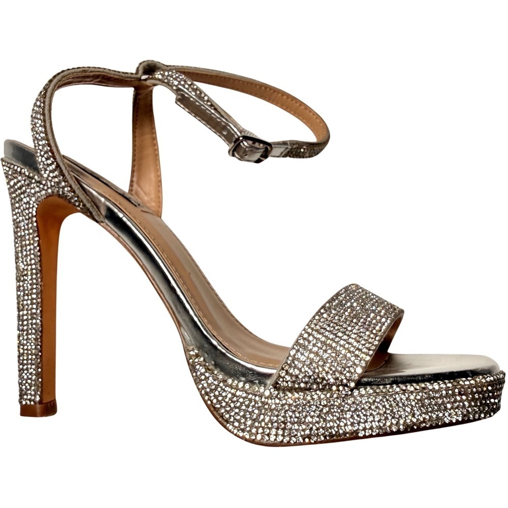 Steve Madden Silver Rhinestone Platform Sandals Dalas-R Stiletto Heels 8.5